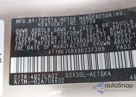 2009 Toyota Avalon Xls z USA, uszkodzony, nr VIN 4T1BK36BX9U337399